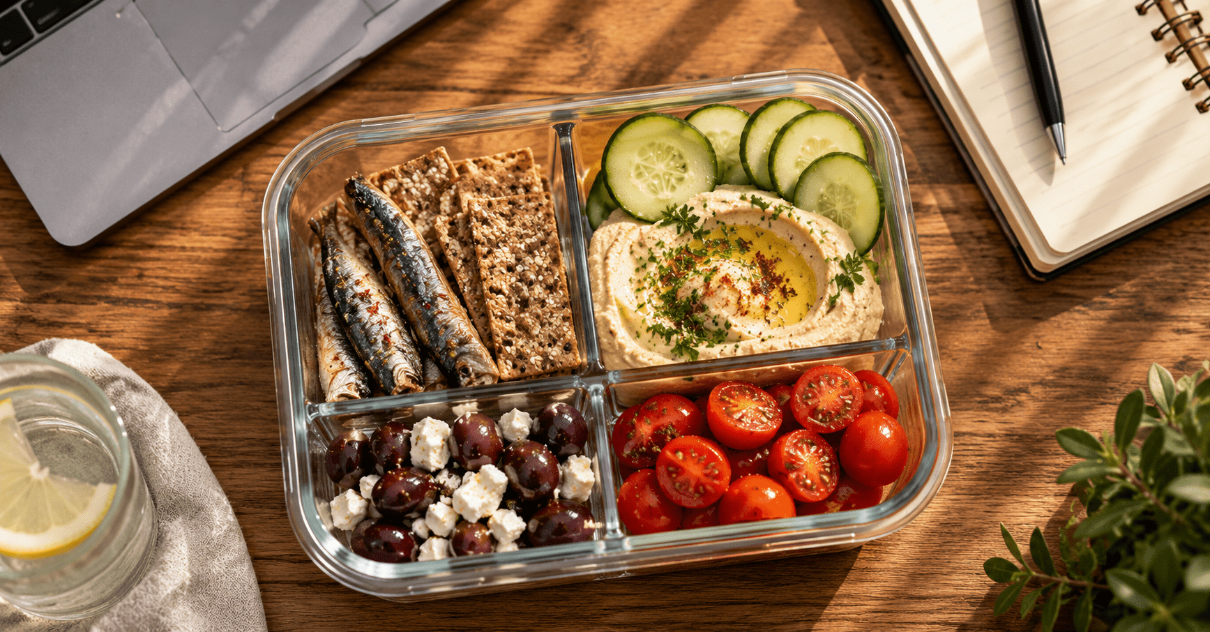 5-Minute Mediterranean Snack Boxes That Stop the 3pm Craving at Your Desk Mediterranean snack box formula diagram showing protein anchor plus fat source plus fiber and crunch equals 2 hour craving control