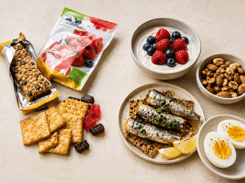 A sugary granola bar next to a real high protein snack of yogurt and nuts, why real snacks keep you full