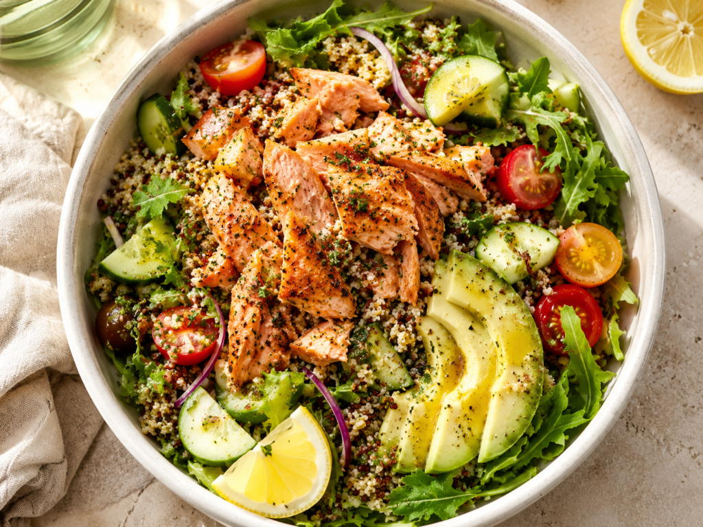 6 High Protein Salad Bowls That Actually Keep You Full Salmon and quinoa salad bowl with avocado, greens and lemon, high protein filling salad bowl