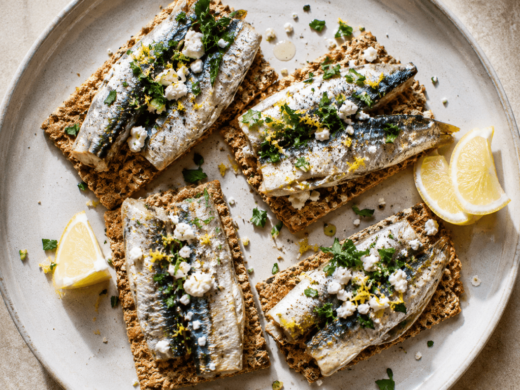Sardines on whole grain crackers with cheese, high protein grab and go snack