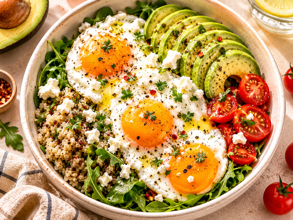 Savory egg and avocado breakfast bowl with quinoa, tomatoes and feta, high protein breakfast bow