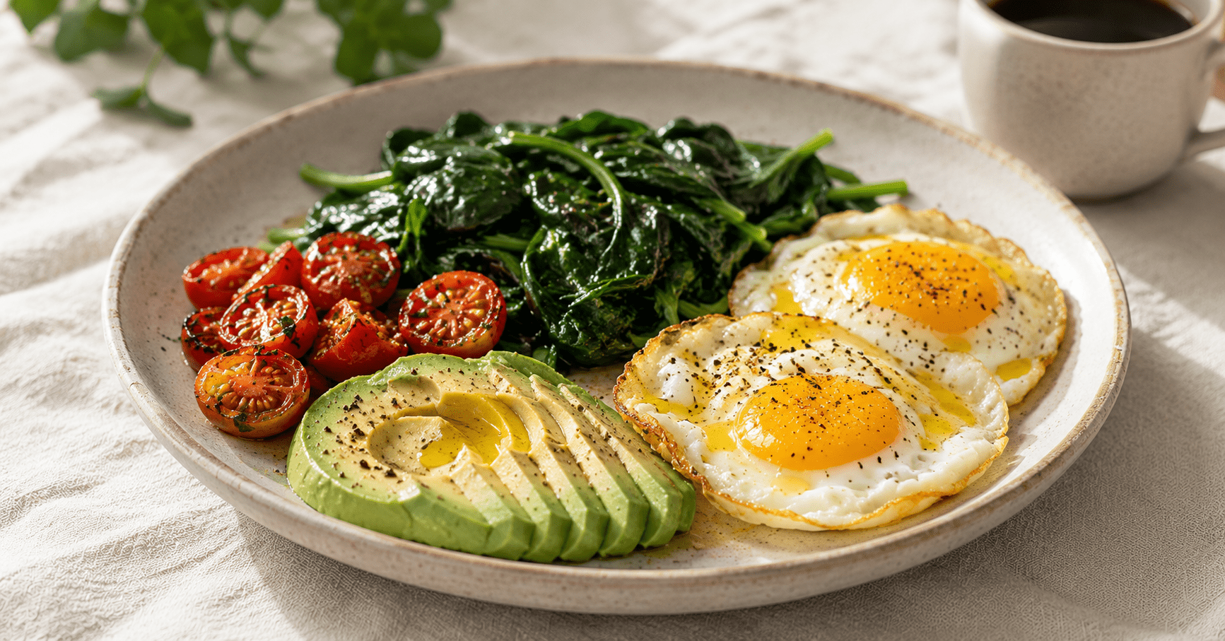 Savory Mediterranean breakfast plate with scrambled eggs spinach avocado and olive oil on a ceramic plate morning light, mediterranean breakfast ideas