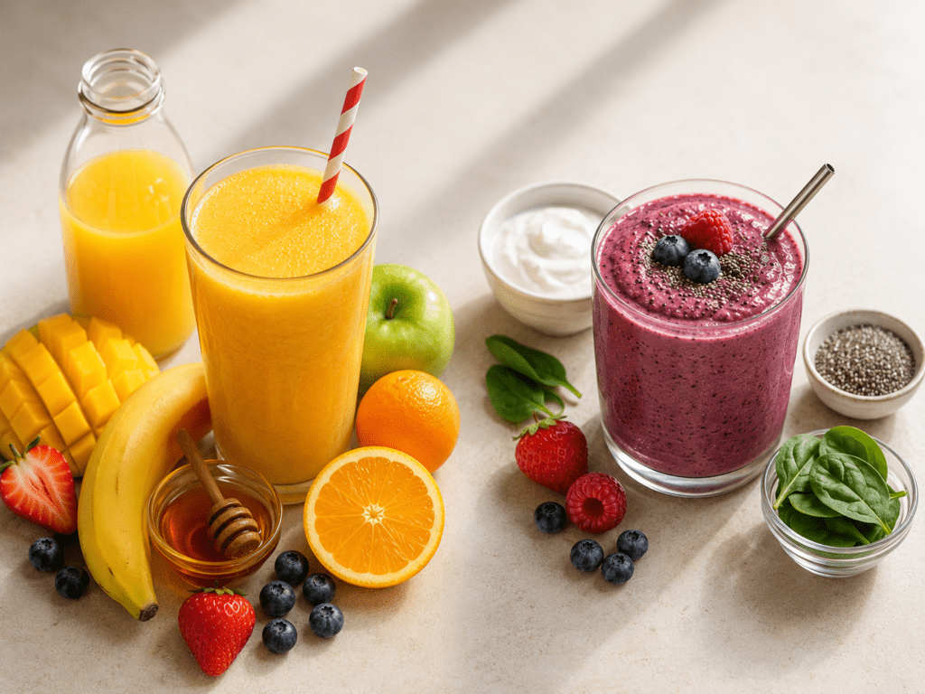 A fruit and juice smoothie next to a high protein Greek yogurt smoothie, why smoothies leave you hungry