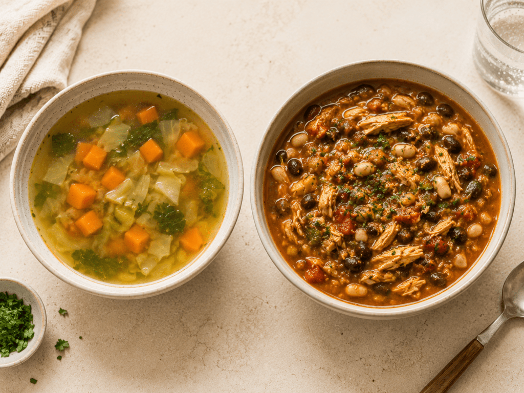 Easy High Protein Soup Recipes (Crockpot Friendly) A thin brothy soup next to a hearty high protein soup with beans and chicken, why soup leaves you hungry