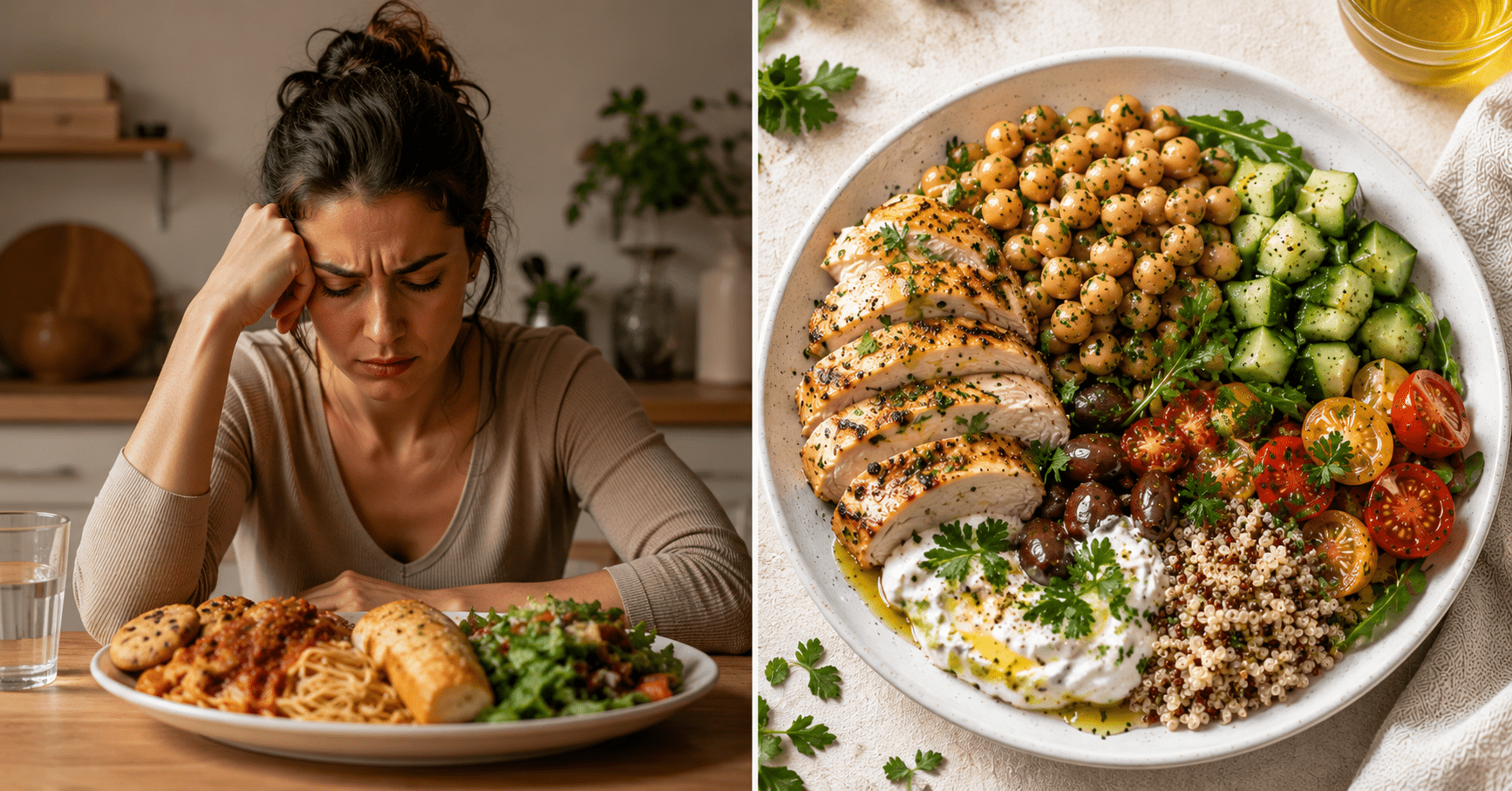 Why Am I Always Hungry Even Though I Eat a Lot? (It Is Not Your Appetite) Always hungry despite eating a lot explained through ghrelin and leptin hormone diagram with Mediterranean food solution showing protein fiber and fat