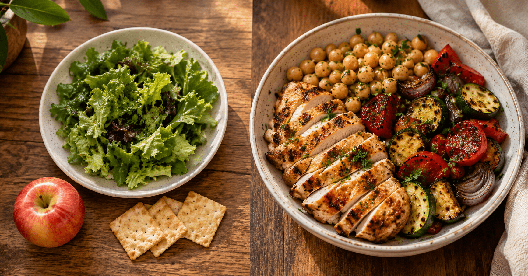 Why Am I Hungry 2 Hours After Eating a Full Meal? (Here Is the Real Reason) Mediterranean balanced meal plate versus incomplete low protein meal showing why hunger returns 2 hours after eating without proper meal structure