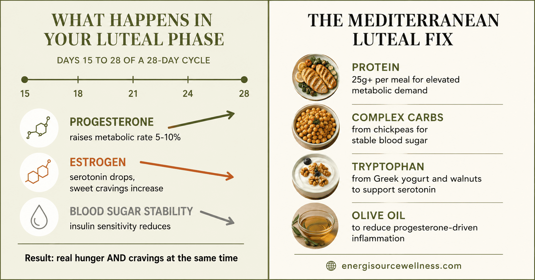 Luteal phase hunger explained showing progesterone and serotonin changes causing increased appetite and carb cravings with Mediterranean food solutions