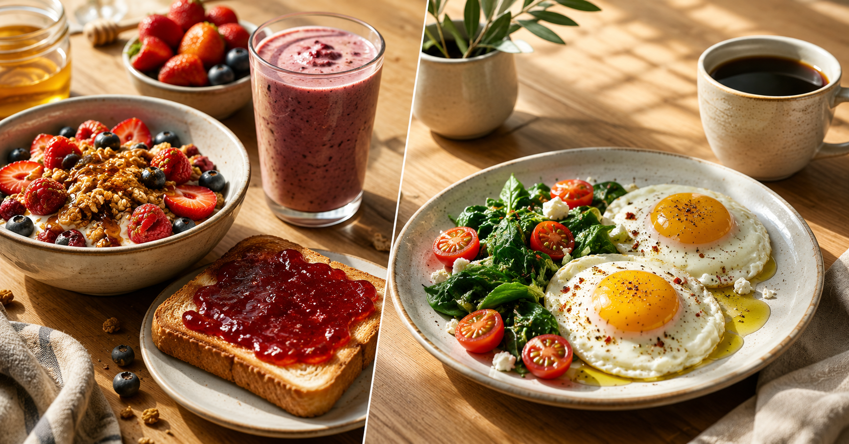 Why Do I Crave Sugar in the Morning? (And Why Your Breakfast Is Setting the Pattern for the Whole Day) Morning sugar cravings explained with comparison of sweet breakfast causing cravings all day versus savory Mediterranean breakfast preventing them