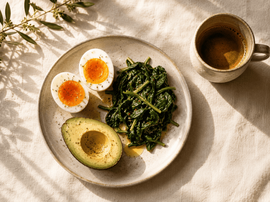 Why Coffee on an Empty Stomach Makes You Anxious (And What Actually Helps) Balanced breakfast plate with eggs greens and coffee representing morning routine
