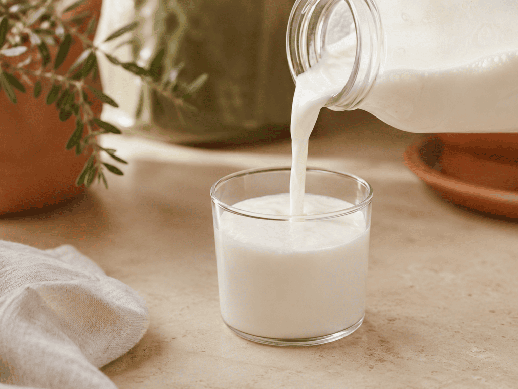 Close-up of kefir being poured into a glass showing fermented food texture