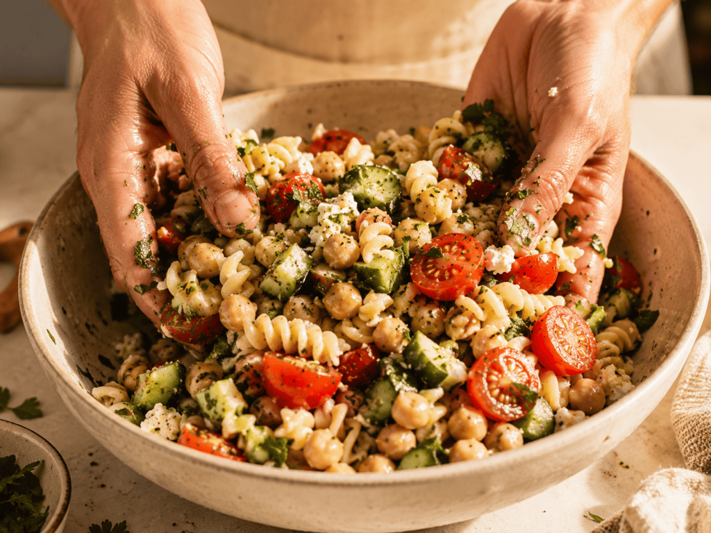 Mediterranean Chickpea Pasta Salad That Actually Keeps You Full Close-up of chickpea pasta salad ingredients being tossed together with olive oil dressing