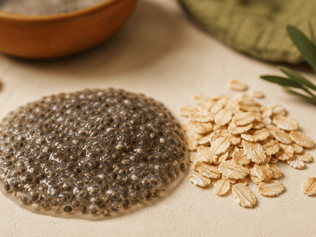 Fiber and Satiety: Why It Actually Keeps You Full Longer Close-up of soaked chia seeds and oats showing viscous fiber texture for satiety