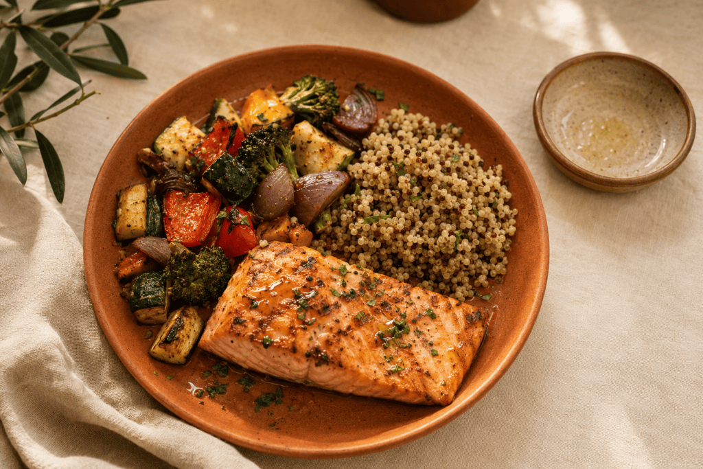 Balanced Mediterranean meal with salmon and vegetables, food-first approach to gut health and cravings