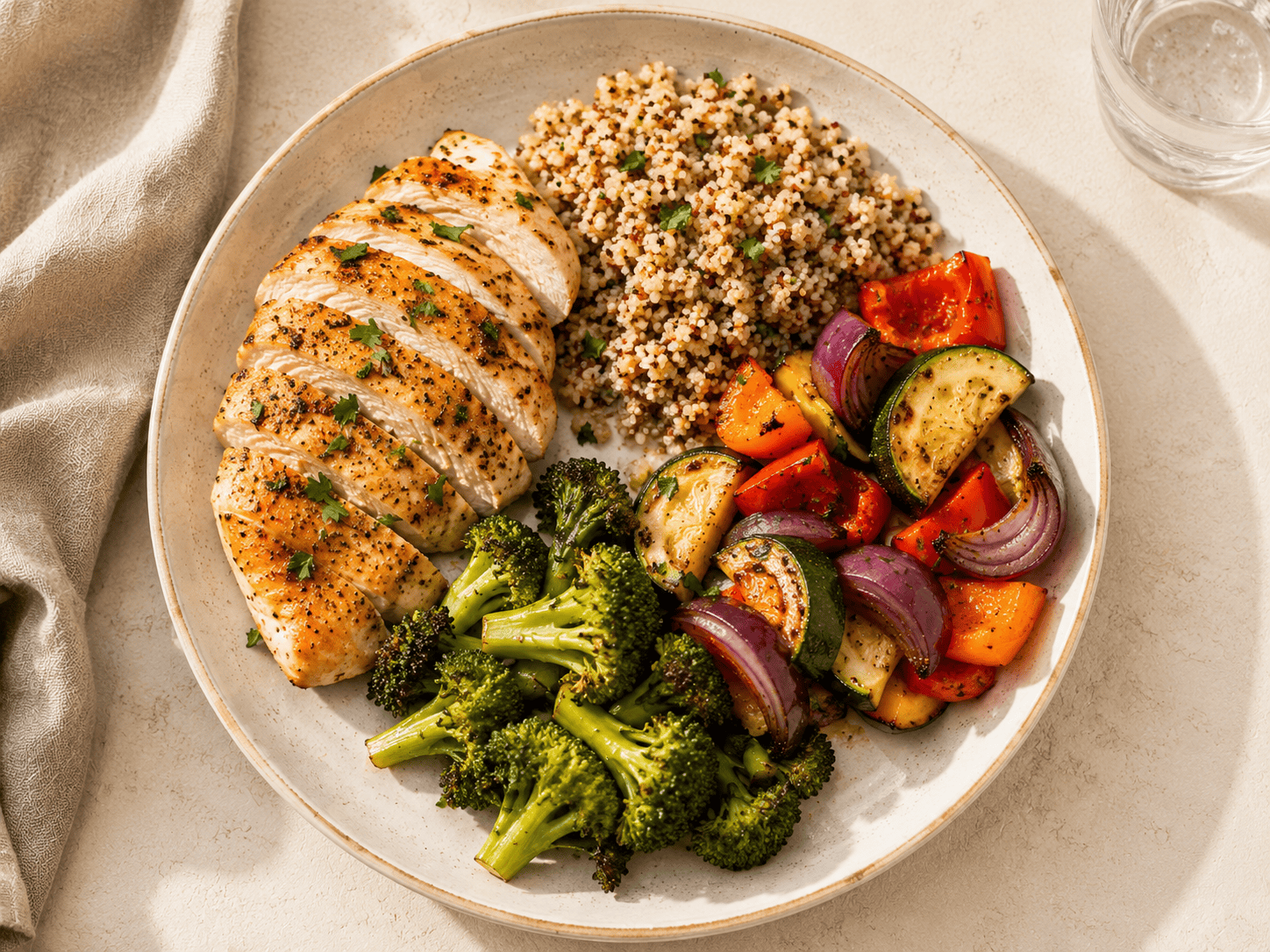 Balanced plate with sliced chicken breast, quinoa, roasted vegetables and broccoli