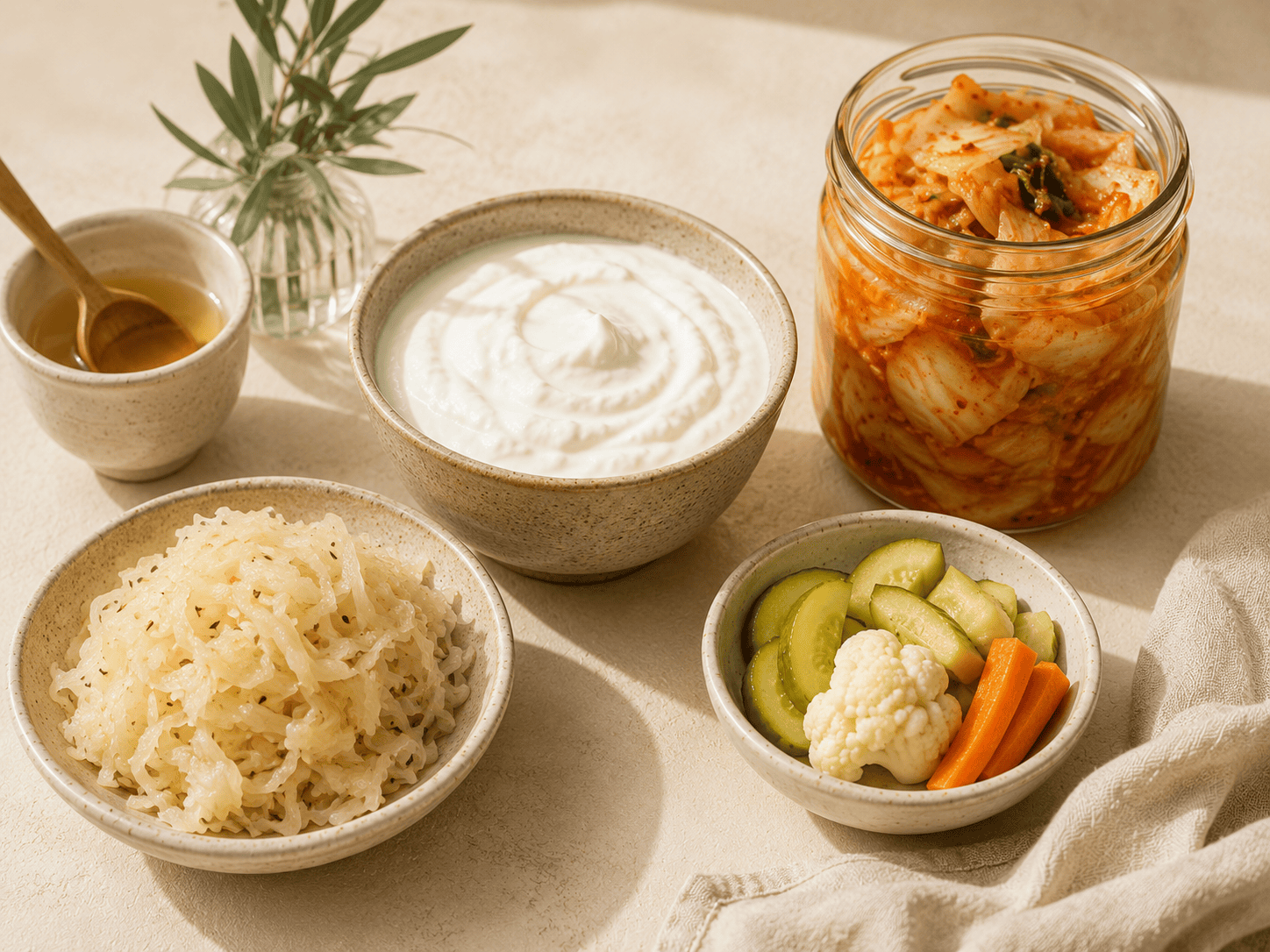 Fermented foods for gut health including Greek yogurt, kimchi, sauerkraut and pickled vegetables