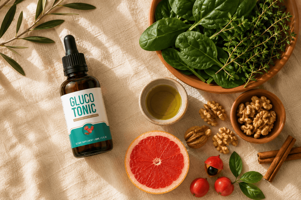 GlucoTonic vs Natural Blood Sugar Methods: An Honest Comparison GlucoTonic supplement bottle next to natural blood sugar foods including leafy greens and olive oil representing honest comparison