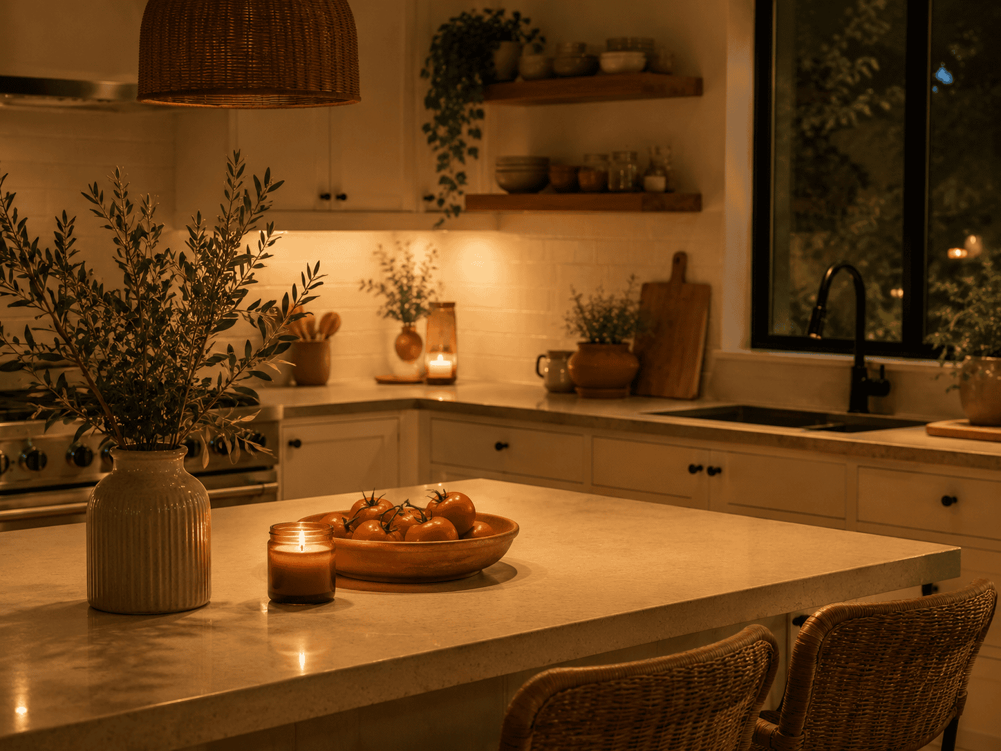 Cozy Mediterranean kitchen in warm evening light with olive branches and a bowl of tomatoes