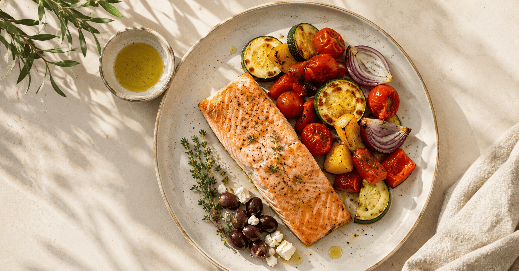 Overhead Mediterranean plate with baked salmon, roasted vegetables, olives, feta and olive oil