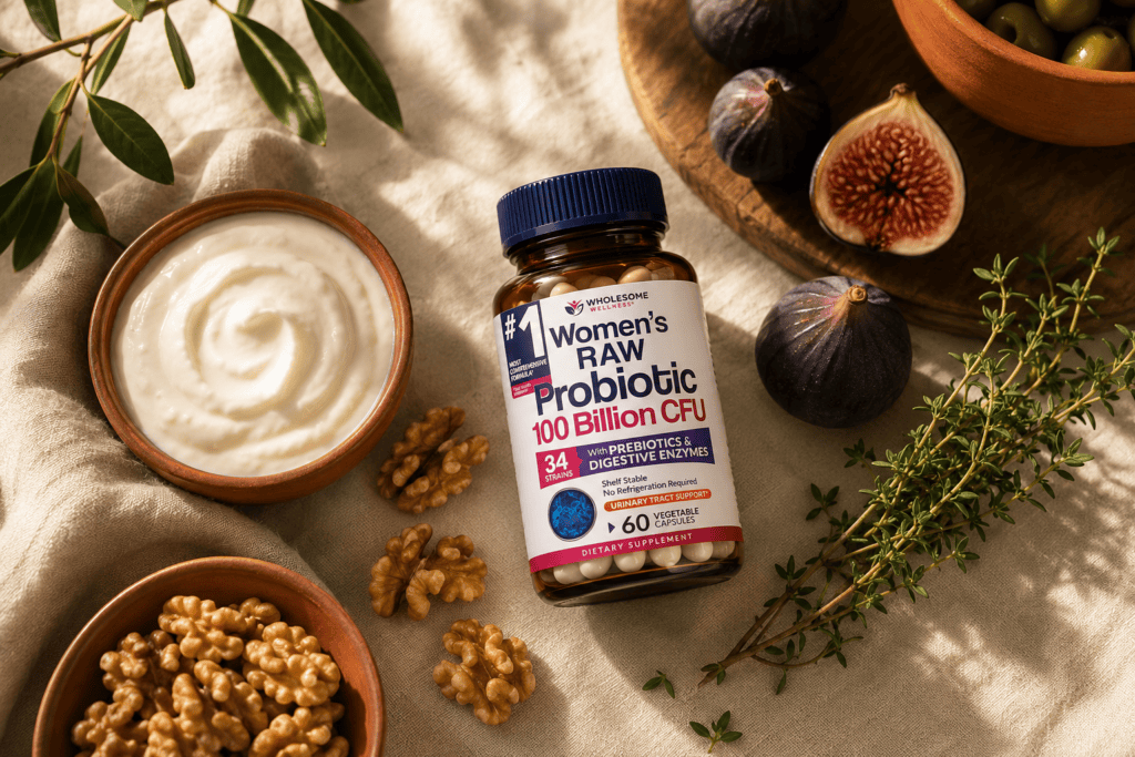 Physician's Choice Probiotics Review: Does It Actually Help With Cravings? Supplement bottle with Mediterranean whole foods, Physician's Choice Probiotics review, gut health and cravings
