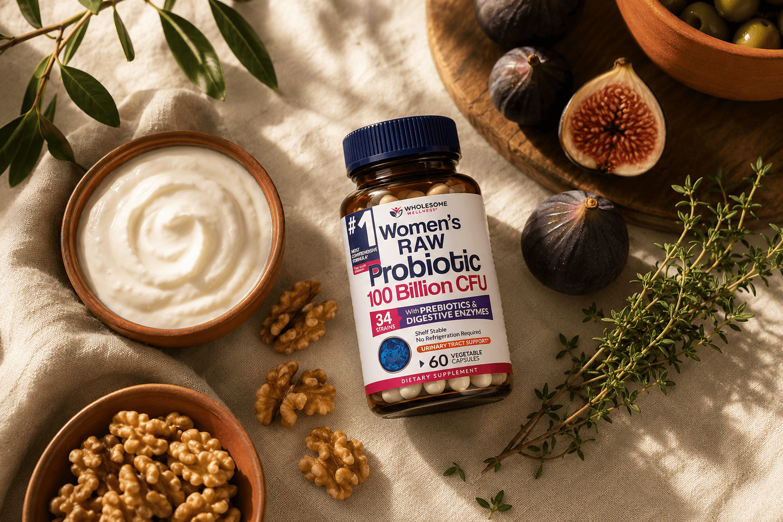 Supplement bottle with Mediterranean whole foods, Physician's Choice Probiotics review, gut health and cravings