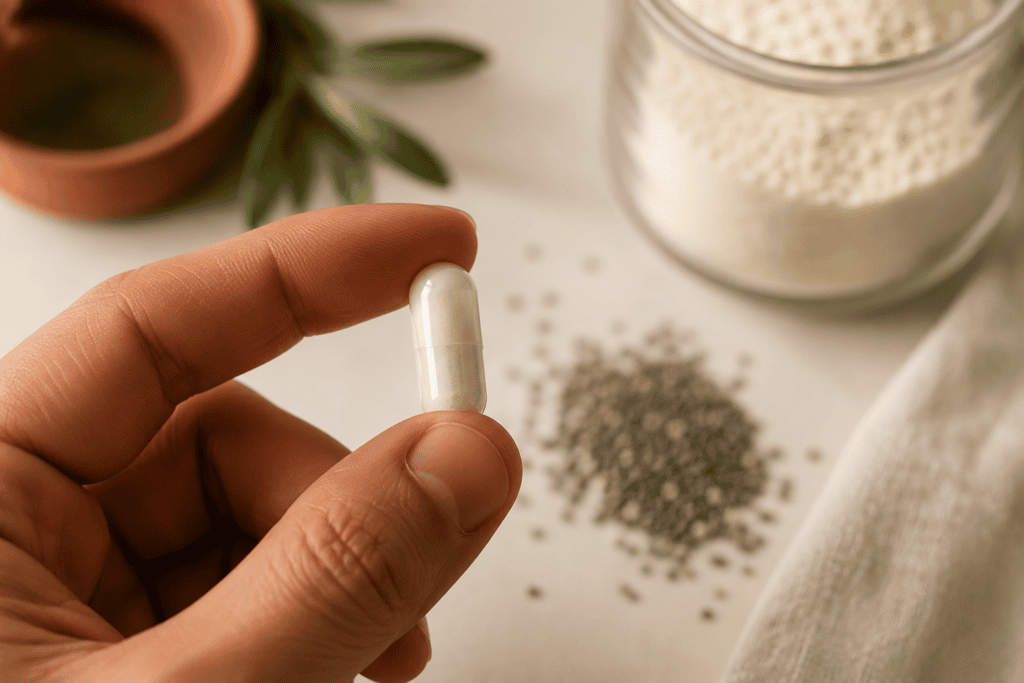Close-up of probiotic capsule with prebiotic fiber, gut health supplement for cravings control