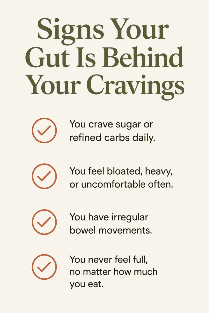 Infographic showing signs your gut health is affecting cravings, Mediterranean gut health checklist