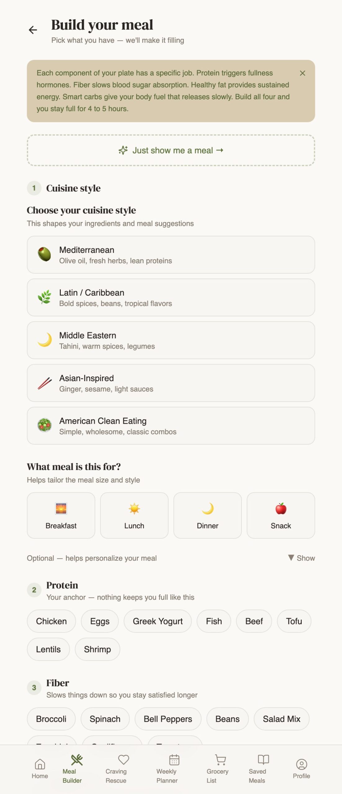 Choosing a cuisine and ingredients in the Full Plate Method meal builder