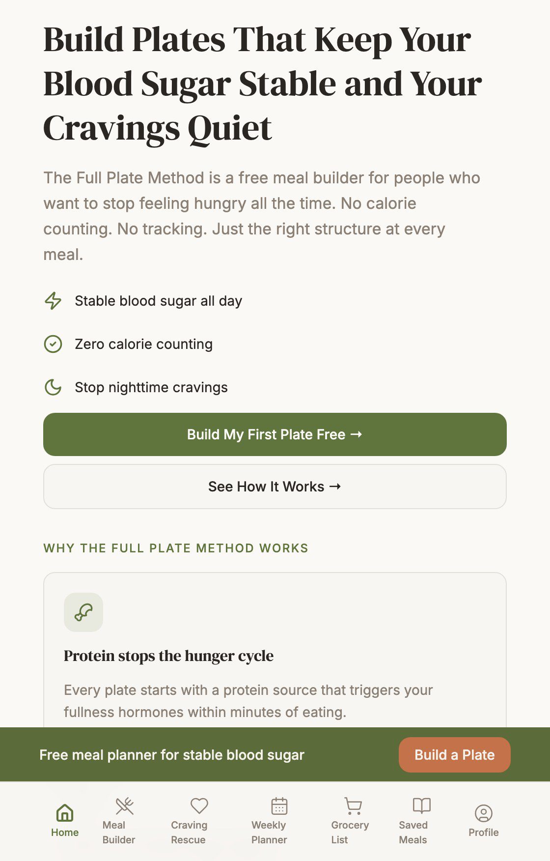 Full Plate Method free meal builder app home screen