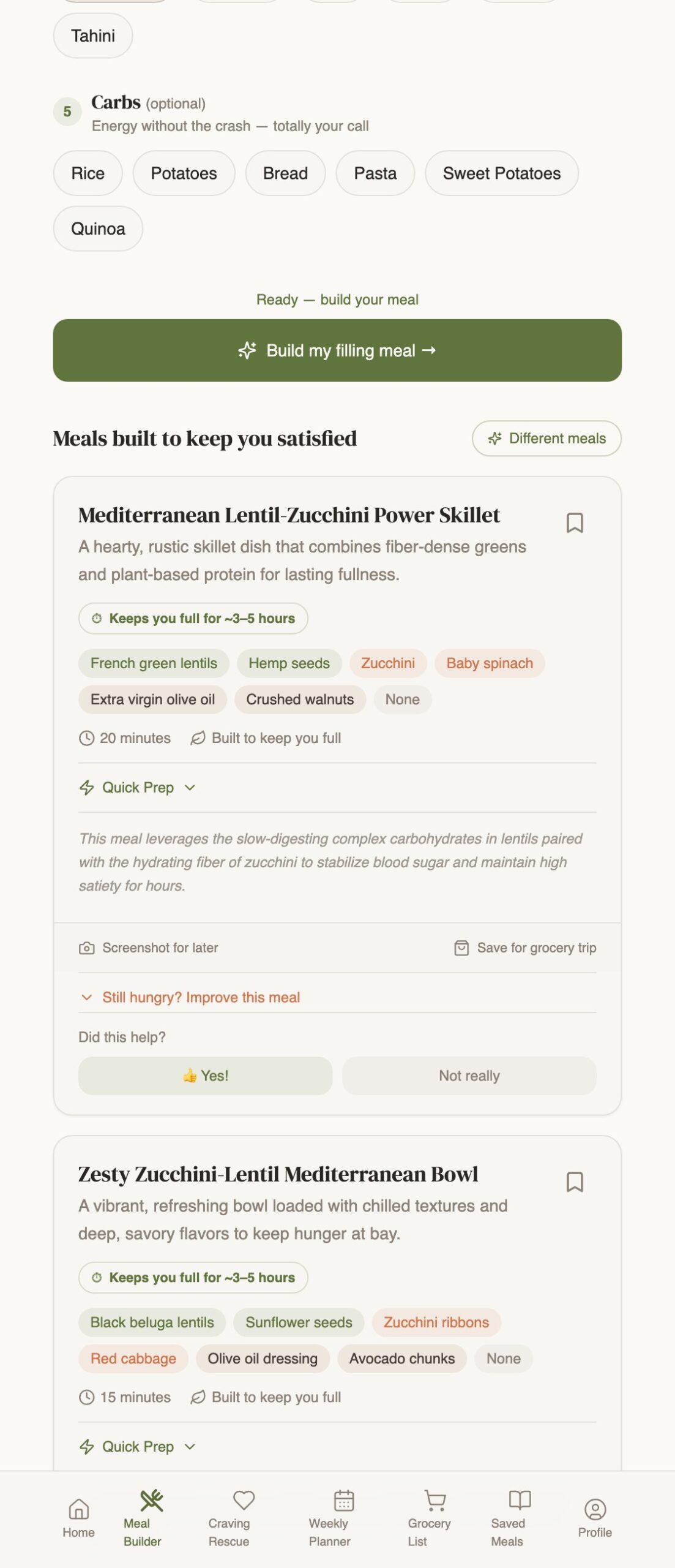 A meal built by the Full Plate Method tool with ingredients and time to fullness