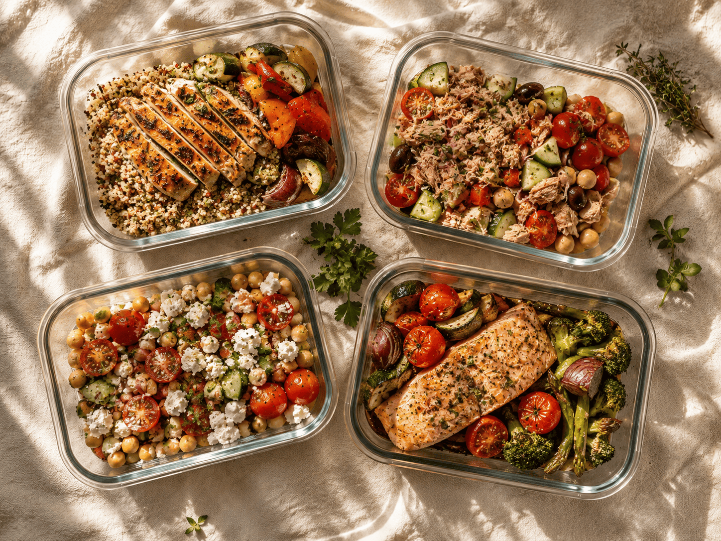 Mediterranean Lunch Ideas for Work That Actually Keep You Full Four glass meal prep containers with Mediterranean lunches: grilled chicken and quinoa, tuna bowl, chickpea feta salad, and sheet pan salmon