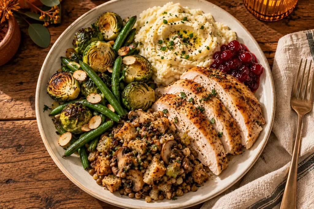 A balanced Mediterranean Thanksgiving plate with sliced turkey, Brussels sprouts, green beans, lentil mushroom stuffing, mashed potatoes, and cranberry sauce