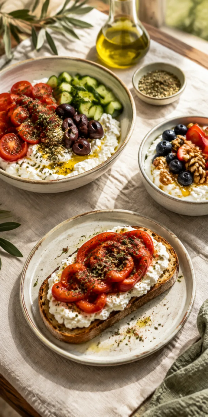 High-protein Mediterranean cottage cheese recipes: savory bowl, whipped toast and cottage cheese with berries