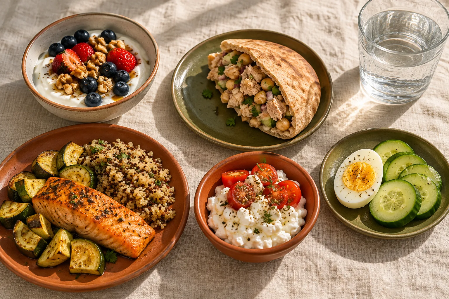Free Mediterranean Diet Resources and Printables Mediterranean GLP-1 friendly meals with salmon, Greek yogurt, eggs, and vegetables in small portions