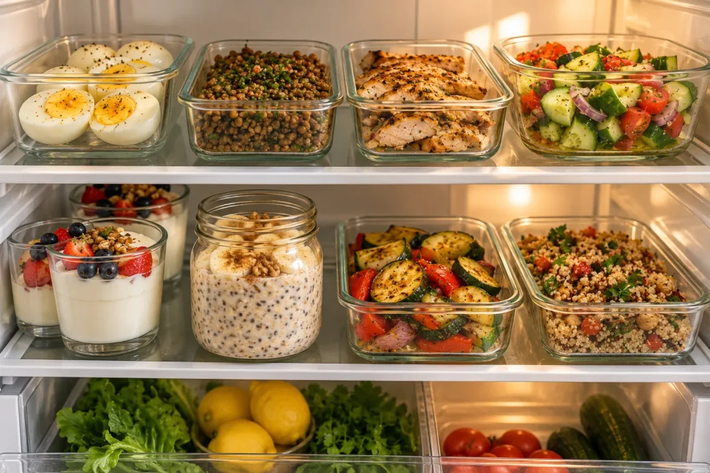 GLP-1 Meal Plan: 7 Days of Mediterranean Meals Built for a Smaller Appetite Glass meal prep containers in a fridge with hard-boiled eggs, lentils, grilled chicken, cucumber tomato salad, Greek yogurt, and overnight oats for a GLP-1 meal plan