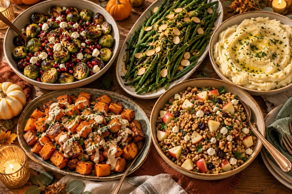 Healthy Mediterranean Thanksgiving side dishes: roasted Brussels sprouts with pomegranate and feta, green beans with almonds, tahini sweet potatoes, farro apple salad, and mashed potatoes