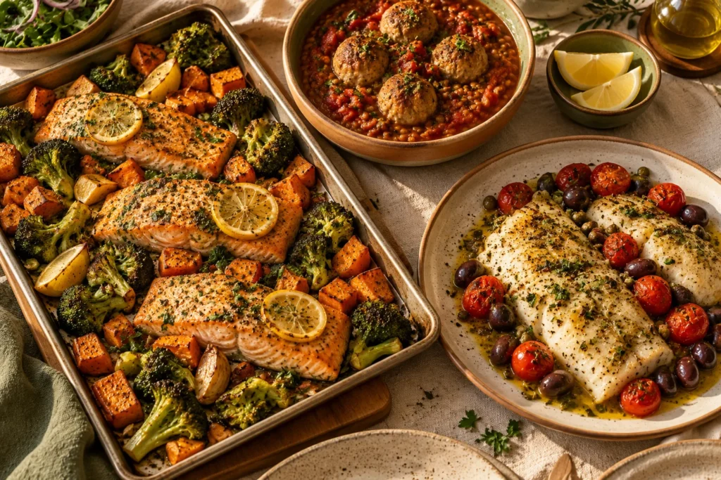 Low cortisol Mediterranean dinners: sheet pan salmon with sweet potato and broccoli, turkey meatballs in lentil tomato sauce, and baked cod with tomatoes and olives