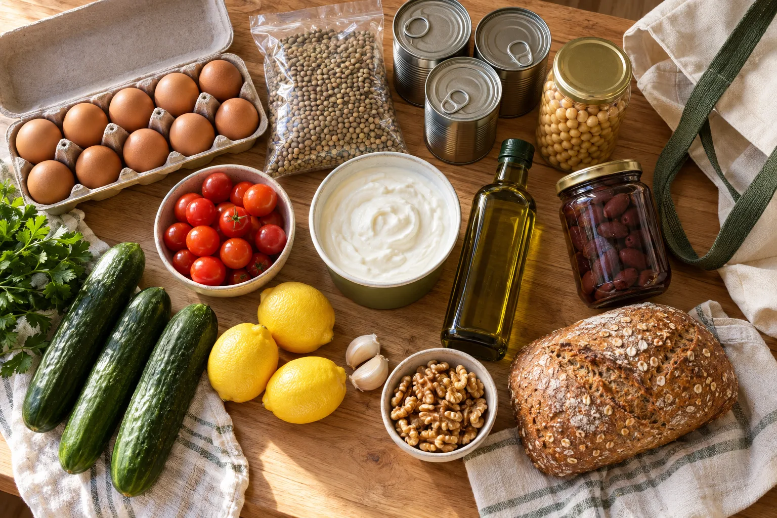 Free Mediterranean Diet Resources and Printables A $50 Mediterranean grocery haul with beans, lentils, oats, eggs, canned fish, frozen vegetables, and olive oil