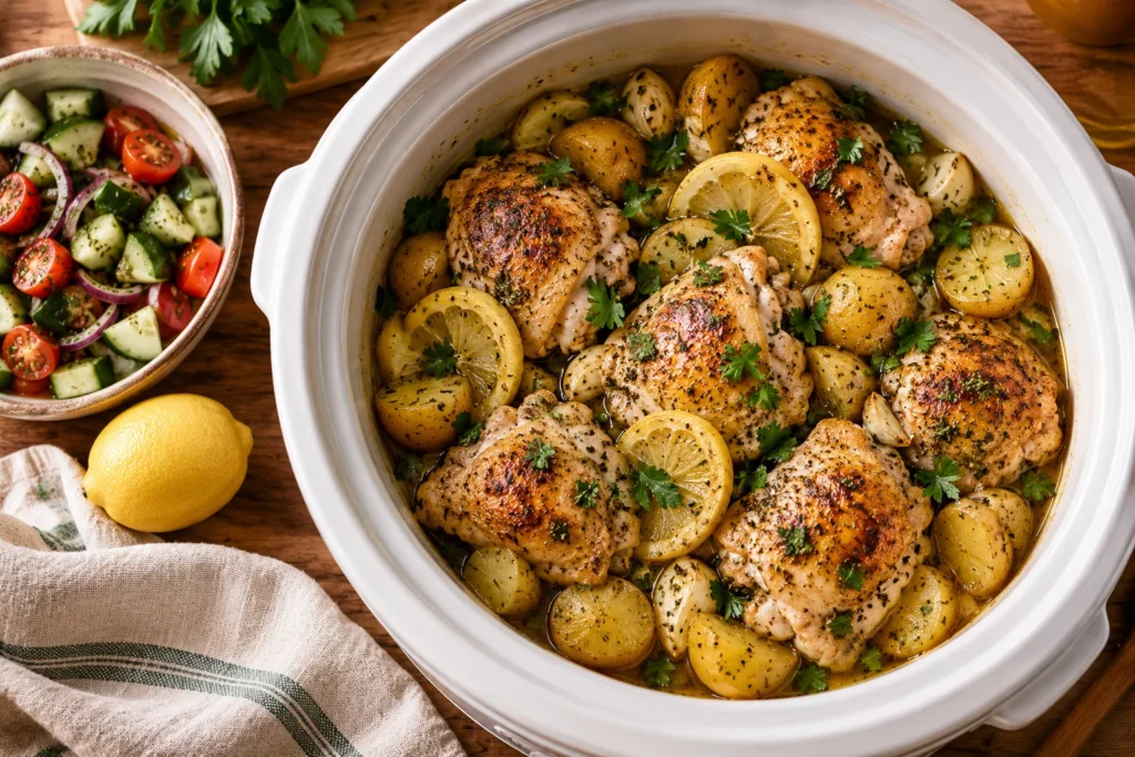 Mediterranean crockpot recipe: Greek lemon chicken thighs with baby potatoes, lemon slices, and parsley in a white slow cooker