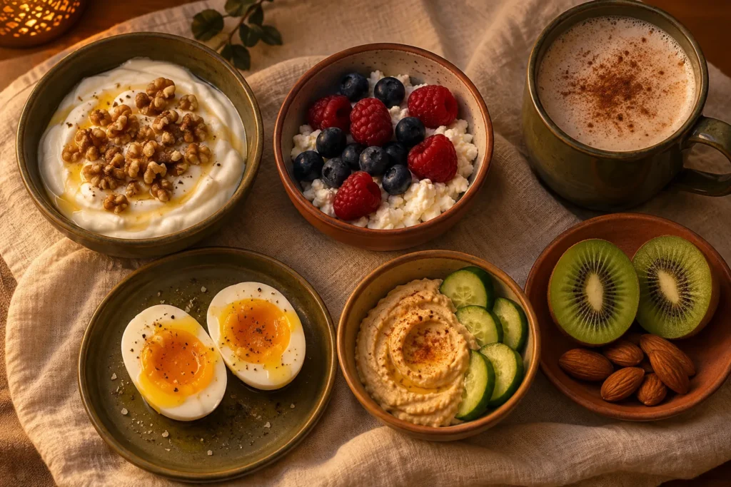 Free Mediterranean Diet Resources and Printables Mediterranean night snacks: Greek yogurt with walnuts and honey, cottage cheese with berries, soft-boiled eggs, hummus with cucumber, kiwi with almonds, and warm milk