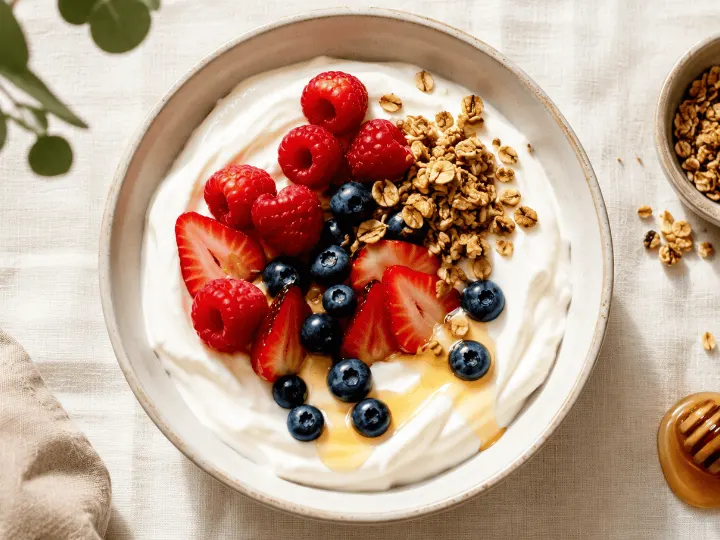 Greek yogurt bowl with berries, walnuts and chia, a high-protein Mediterranean breakfast from Day 1 of the Cravings Control Reset