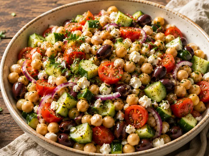 Mediterranean chickpea salad with feta and olives, the Day 1 lunch in the Cravings Control Reset