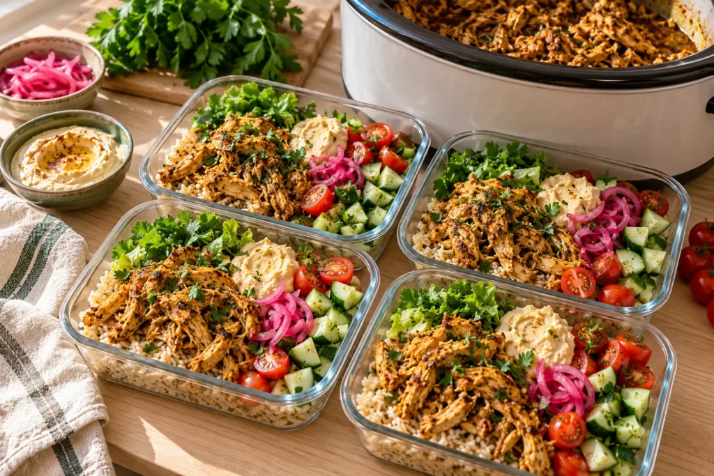 Slow cooker chicken shawarma meal prep bowls in glass containers with rice, greens, cucumber, tomatoes, pickled onion, and hummus