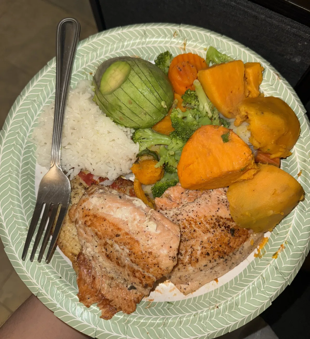 Homemade plate of salmon with sweet potato, broccoli, rice and avocado
