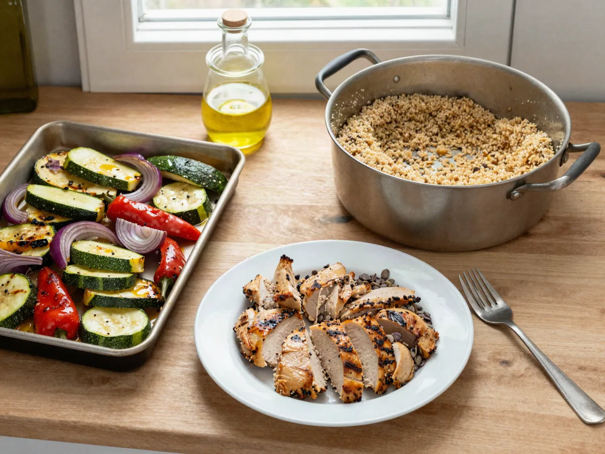 Mediterranean component meal prep: a sheet pan of roasted zucchini, red peppers and onion, a pot of quinoa, sliced grilled chicken and olive oil