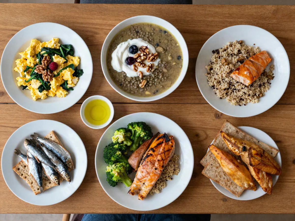 A week of simple Mediterranean meals on a wooden table: eggs with spinach, lentil soup with yogurt, salmon over quinoa, sardines on crackers, grilled chicken with broccoli and a small bowl of olive oil