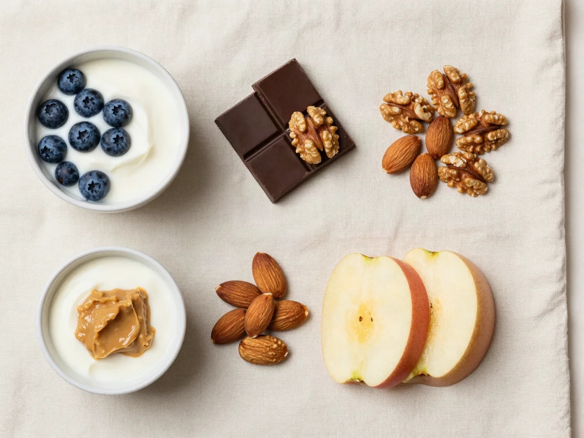 Mediterranean Diet Meal Plan: A Free 7-Day Plan That Keeps You Full (With Shopping List) Simple Mediterranean snacks: Greek yogurt with blueberries, dark chocolate with walnuts, almonds, and apple slices with peanut butter