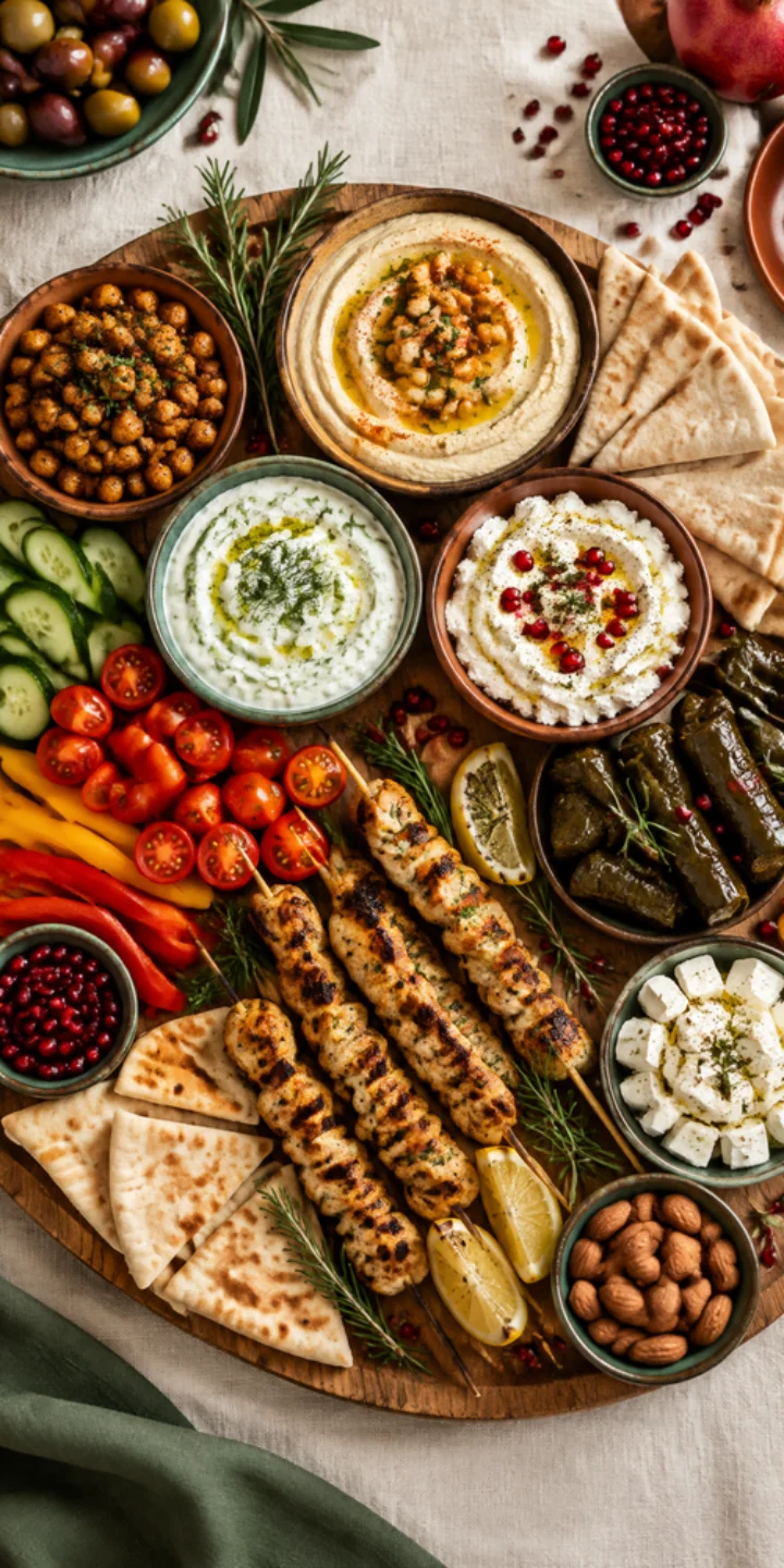 Mediterranean holiday mezze platter with hummus, tzatziki, chicken skewers, marinated chickpeas, feta, olives, vegetables and pita