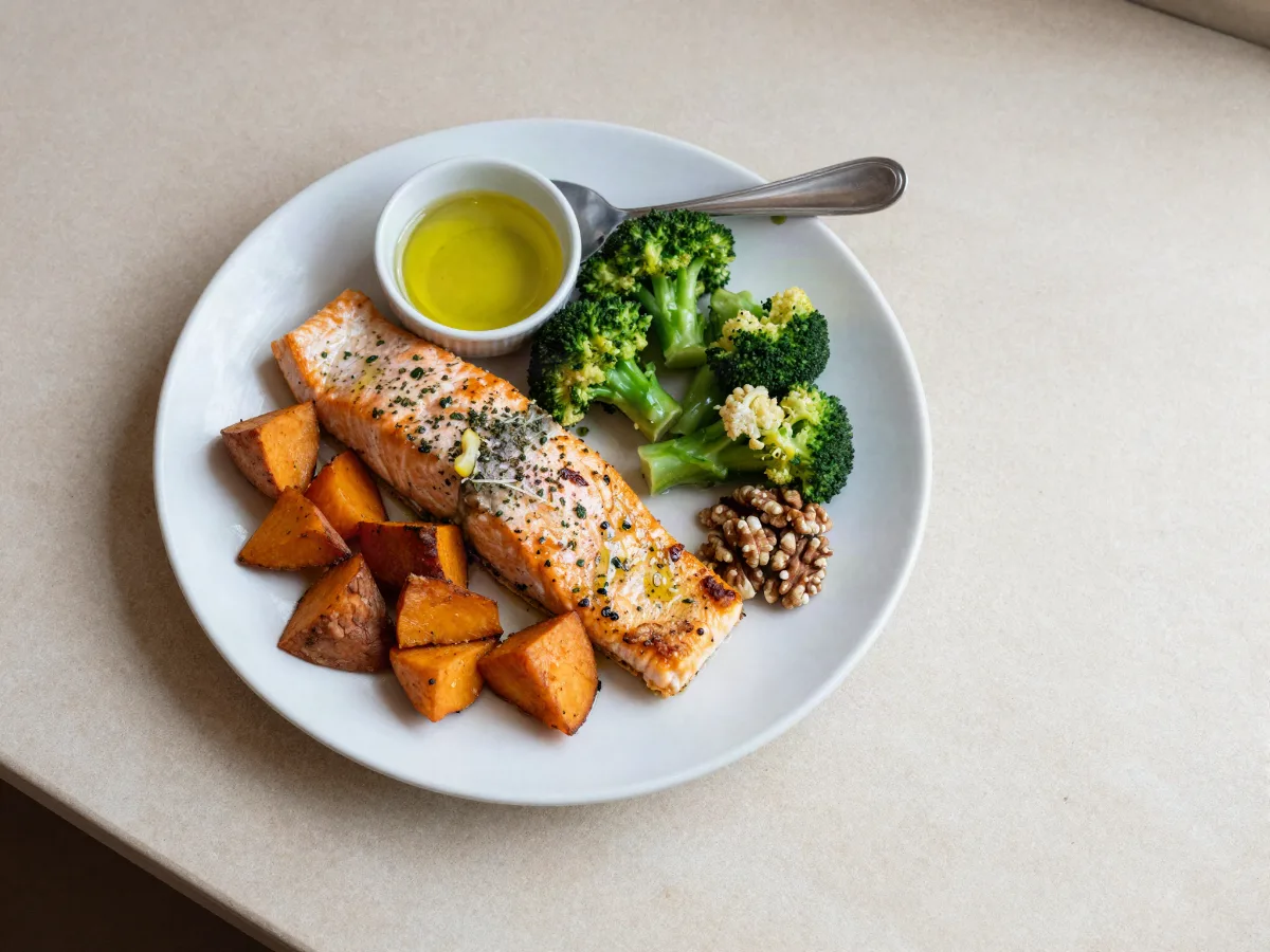 Mediterranean Diet Meal Plan: A Free 7-Day Plan That Keeps You Full (With Shopping List) A balanced Mediterranean dinner plate: baked salmon with herbs, roasted sweet potato, broccoli and cauliflower, walnuts and olive oil