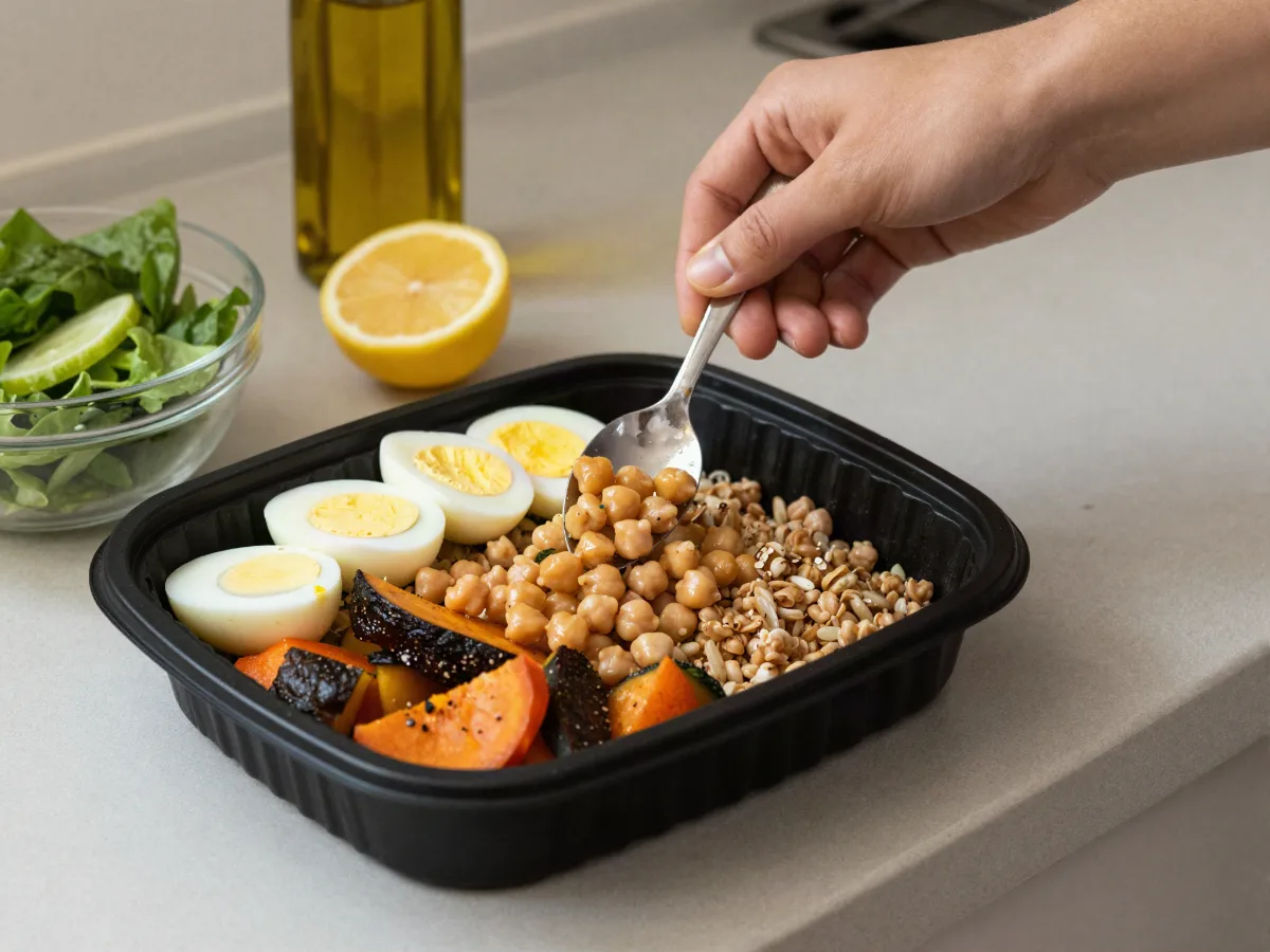 Adding sliced hard-boiled eggs and chickpeas to a store-bought grain and roasted vegetable meal, with salad greens, lemon and olive oil nearby